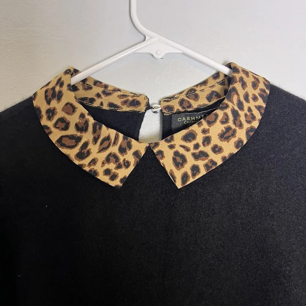 Charter Club Women's 100% Cashmere Leopard Print Trimmed Sweater Sz M Black - Picture 7 of 11
